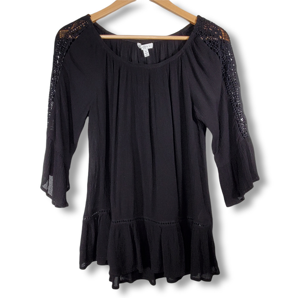 Fever Off Shoulder Peasant Top Blouse Black Size Small